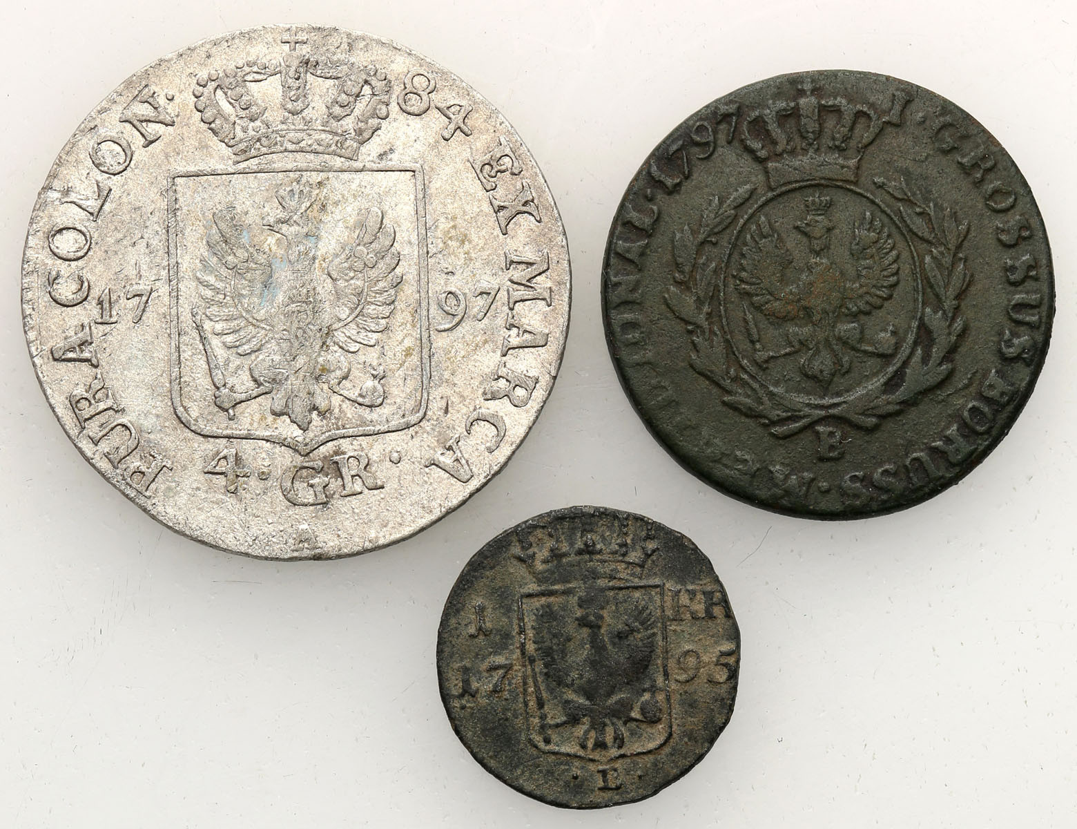 Niemcy, Prusy. Fryderyk Wilhelm II. Grosz 1797 B, 4 grosze 1797 A, Krajcar 1795 E, zestaw 3 monet
